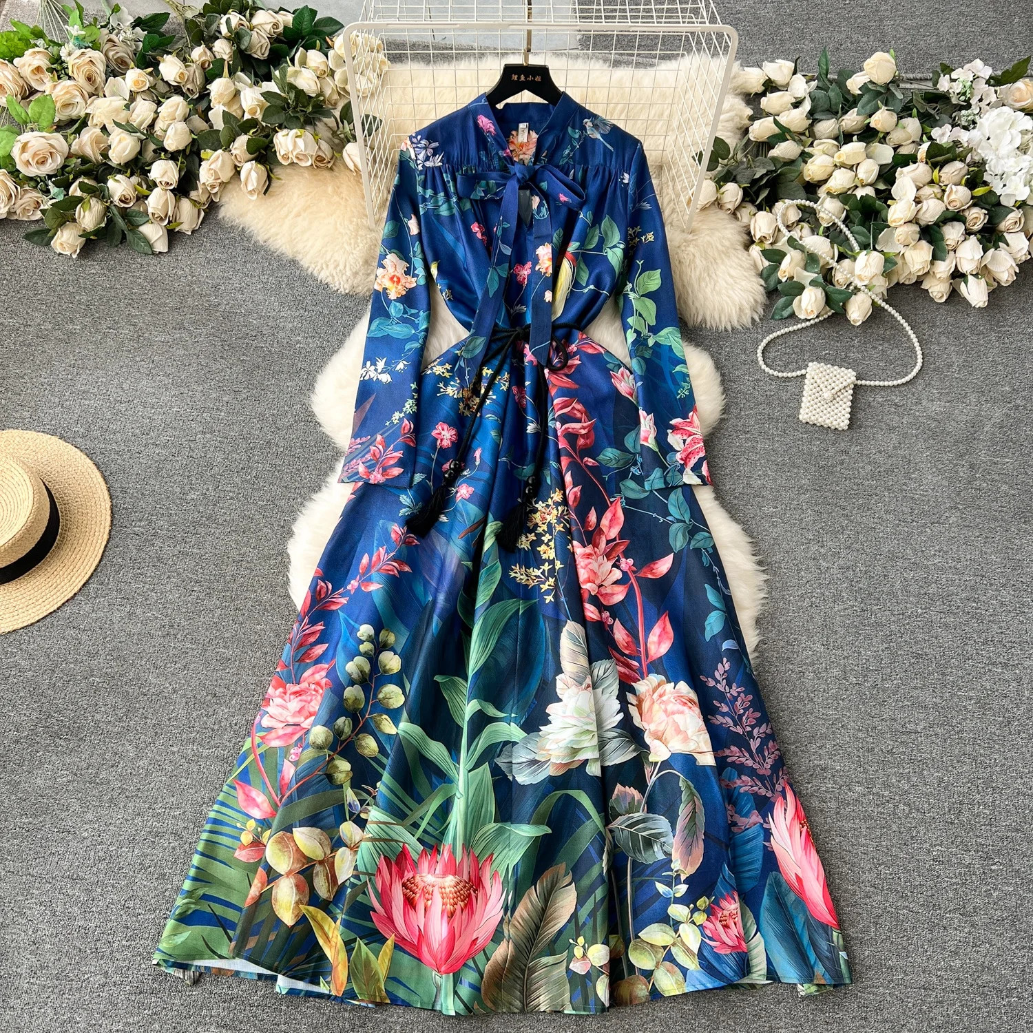 2024 New Floral Series Sweet Ruffled Design Print Belted Long Dress Holiday Style Elegant Office Party Maxi Dress