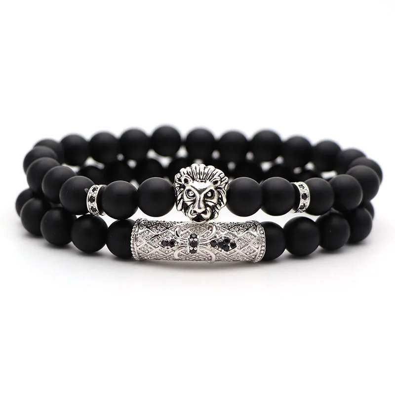 men bracelet lion head with crown bracelets 8mm natural stone beads bracelet pave cz crowns men women jewelry pulseira