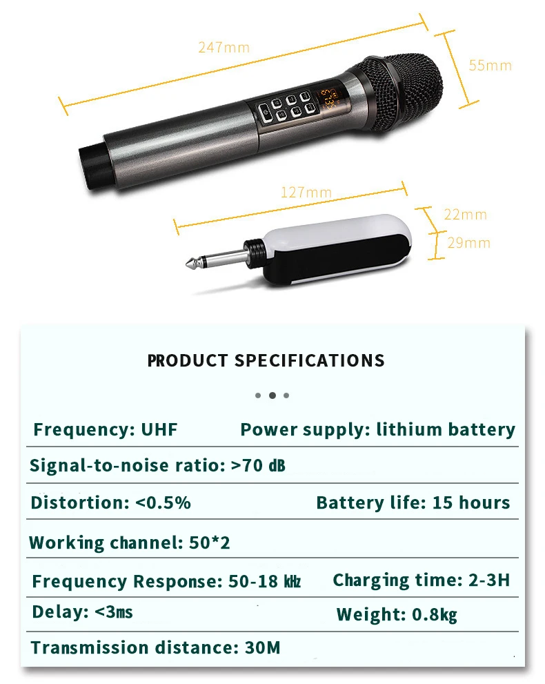 UHF Dual Cordless Metal Dynamic Mic System with Rechargeable Receiver, for Karaoke Singing Wedding DJ Party Speech Class