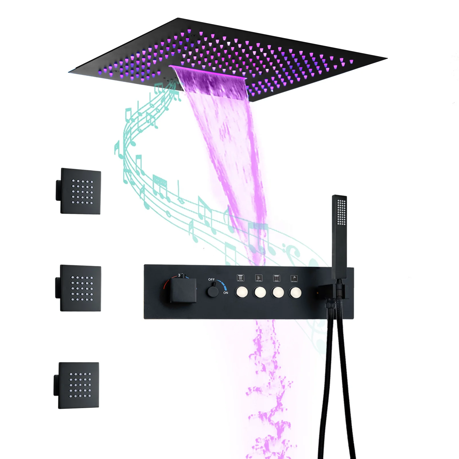 Black 400X400mm Concealed Ceiling Waterfall Rain Bluetooth Music LED Shower head Thermostatic Shower Faucet Set