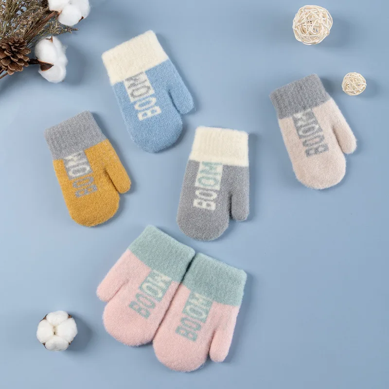 Kids knitted warm jacquard mittens gloves winter gloves wool gloves with sherpa lining