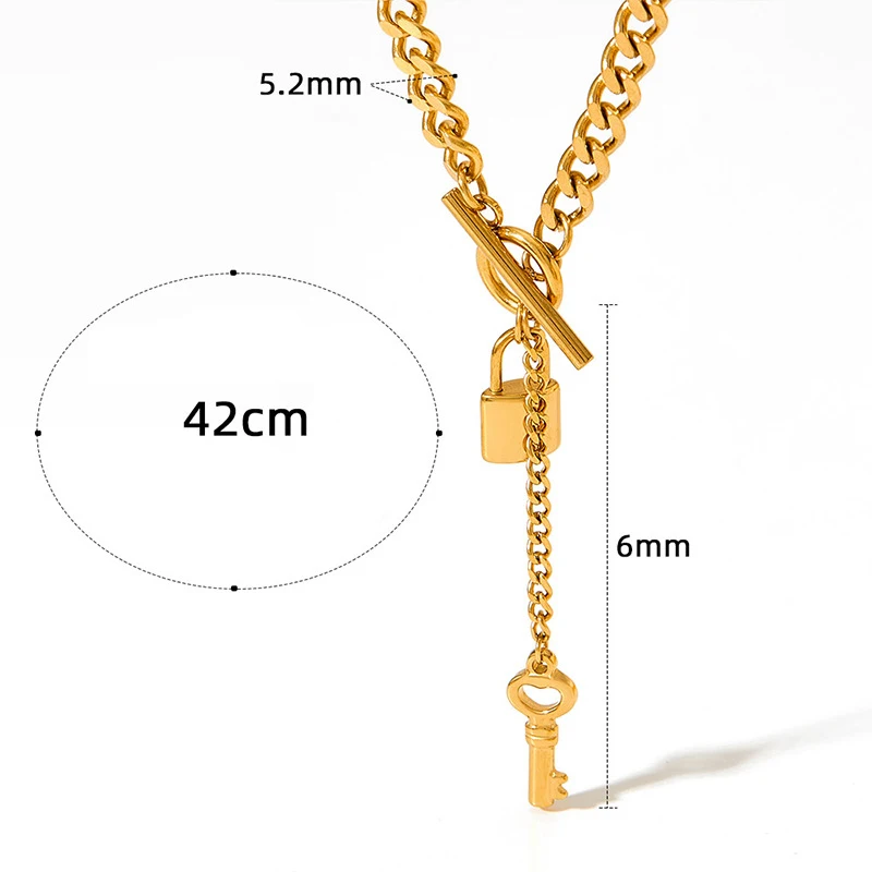 18k Gold Plated Stainless Steel Cuban Chain Ot Button Y Shape Key Lock Pendant Necklace
