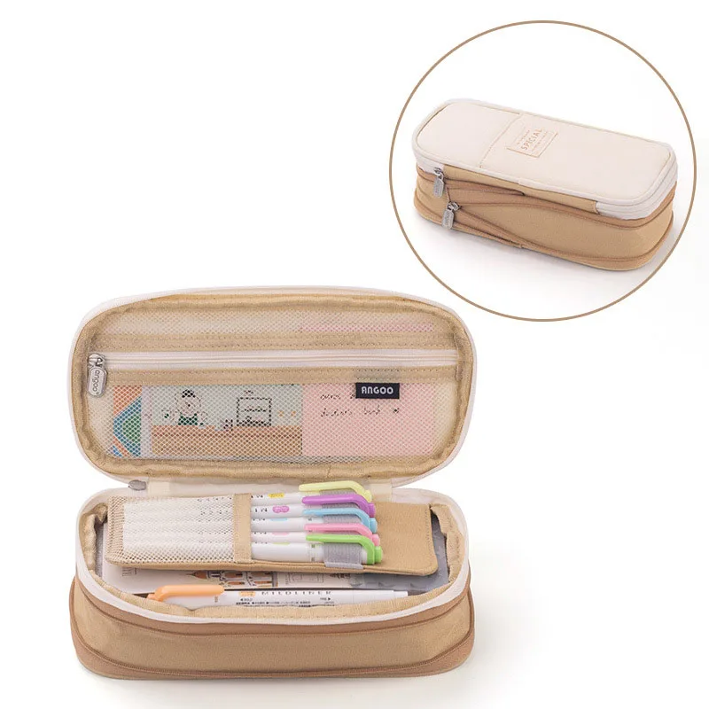 Hotsale Large-Capacity Primary School Students Solid Color Pencil Case 2 Zipper Stationery Box Pen with Box for Girls Boys
