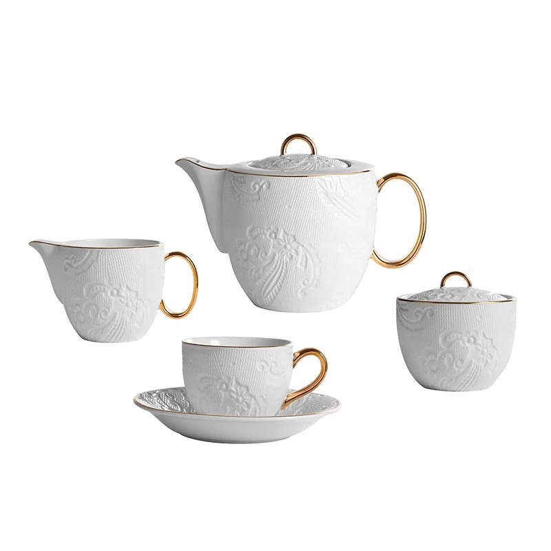 Light Luxury 4PCS Ceramic Afternoon Coffee Pot Cup Set Stoneware Tea Cup Saucer Set
