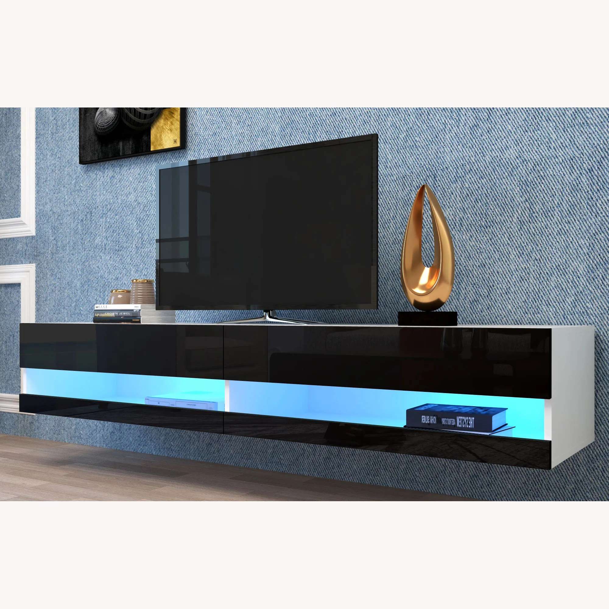 Modern living room furniture independent wall mounted floating wooden TV stand cabinet with LED light TV cabinet