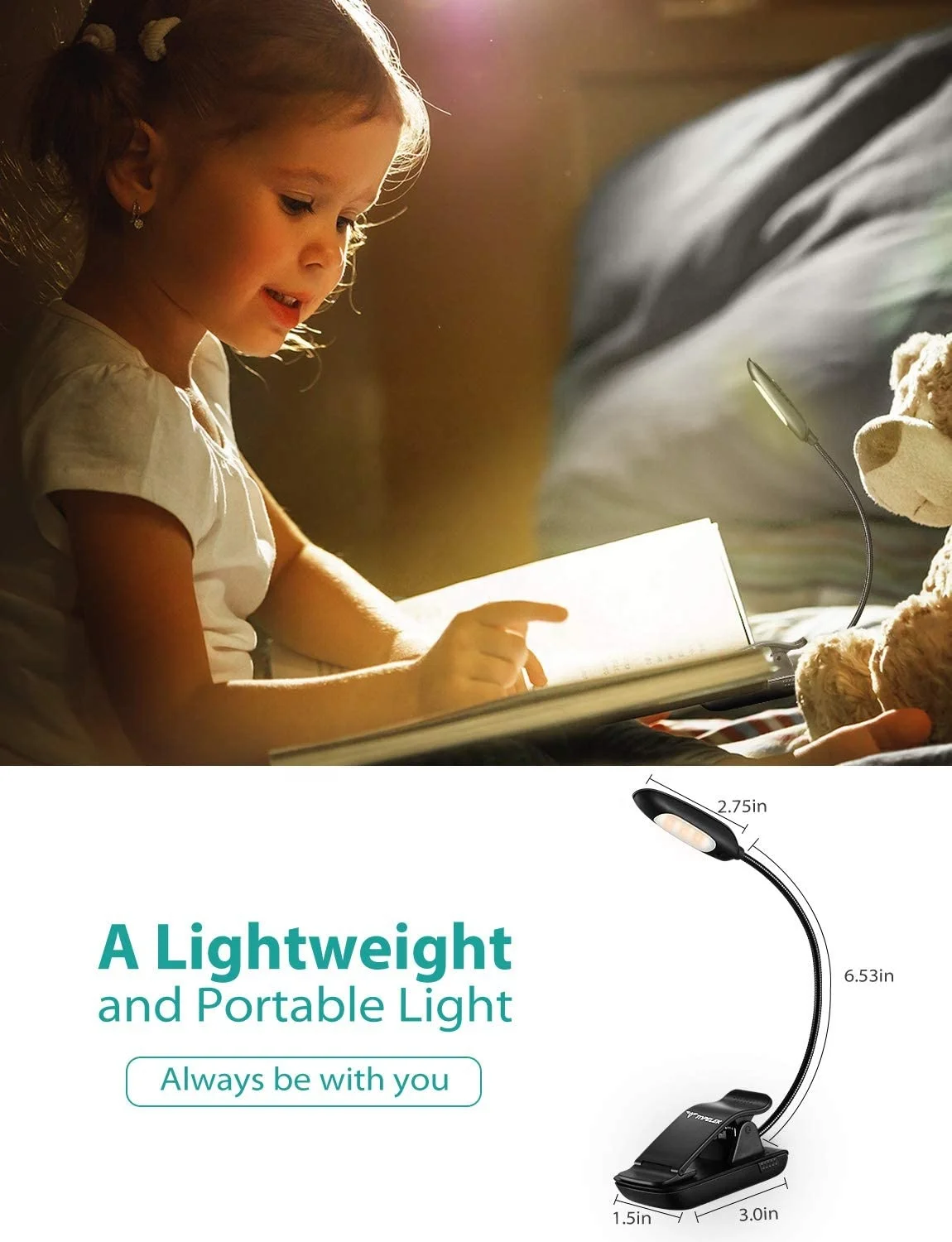 7 LED Reading Book Light with 3 Brightness 3 Color Temperature+USB Rechargeable, Eye Care Lamp with Power Indicator