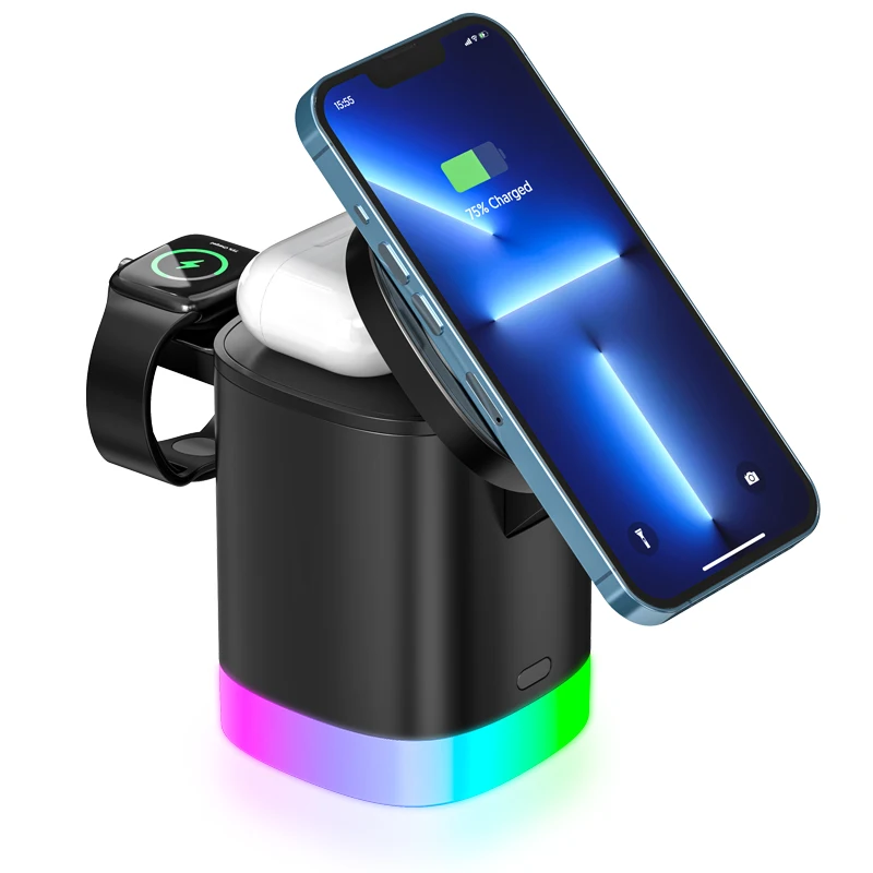 Foldable Superfast  Magnetic Duo 3 In 1 Wireless Phone Charger With Rgb Mood Light