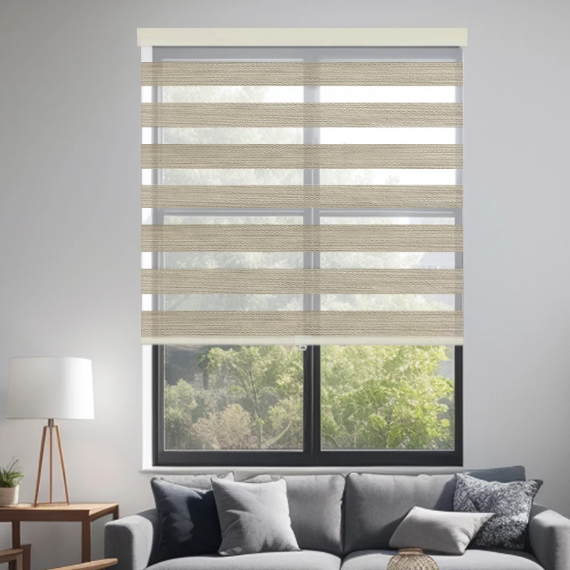 High Quality Light Filtering Polyester Home Rolled Up Cordless Zebra Blinds with Spring Control System for Windows