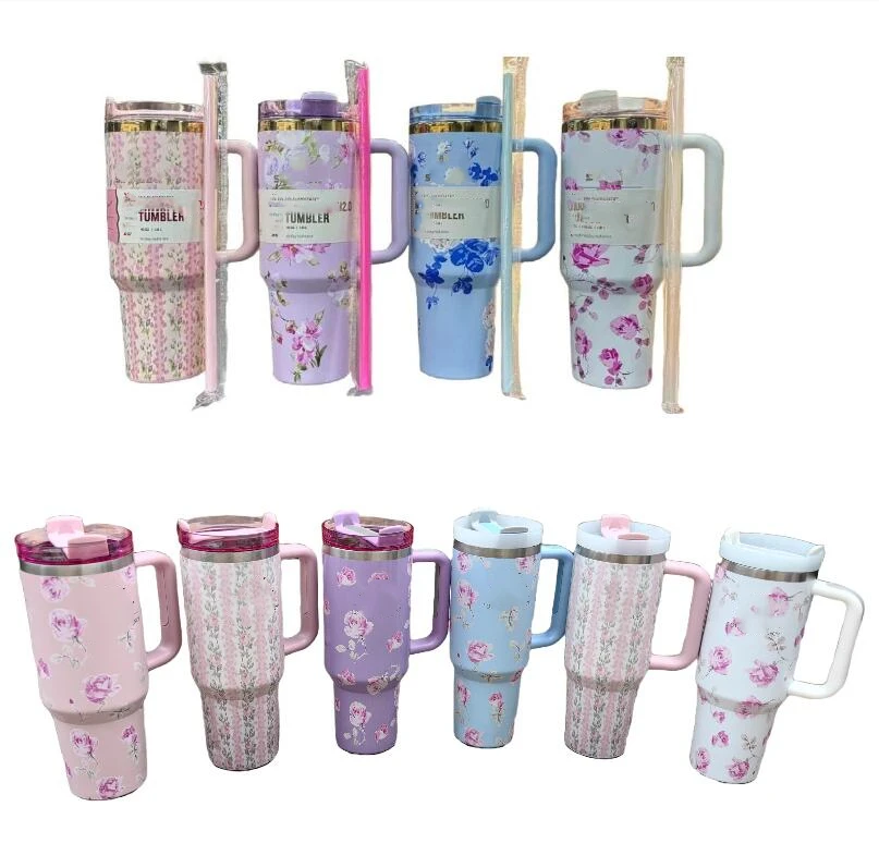 Flowers designs 40oz  water mug cups with straw designer 40 oz  straw cup tumbler