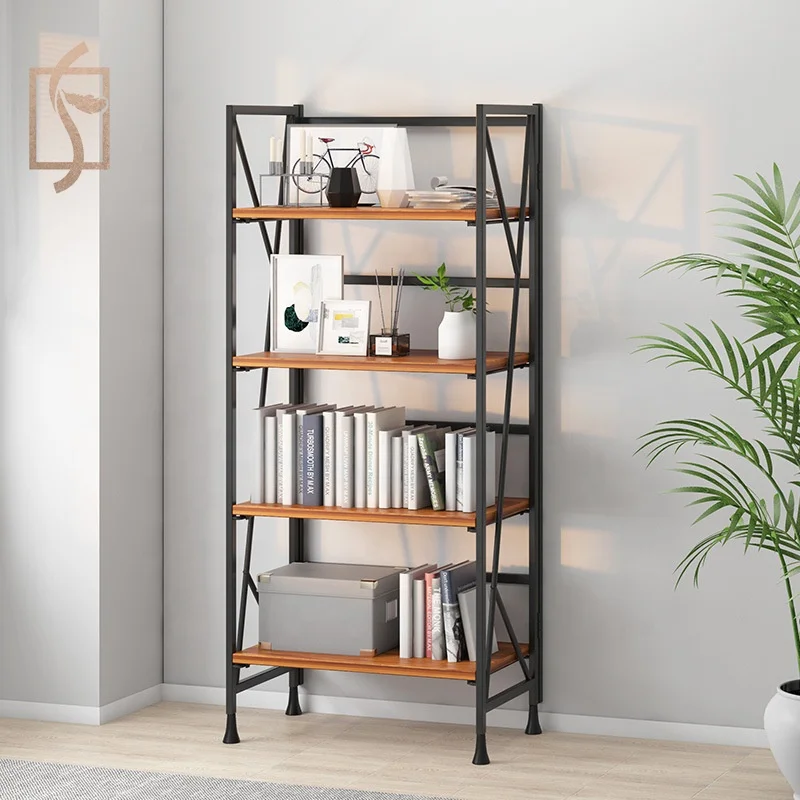 FYG Metal and Wood Rack Simple Foldable 4 Layers Living Room Free Installation Bookshelf Height 125cm