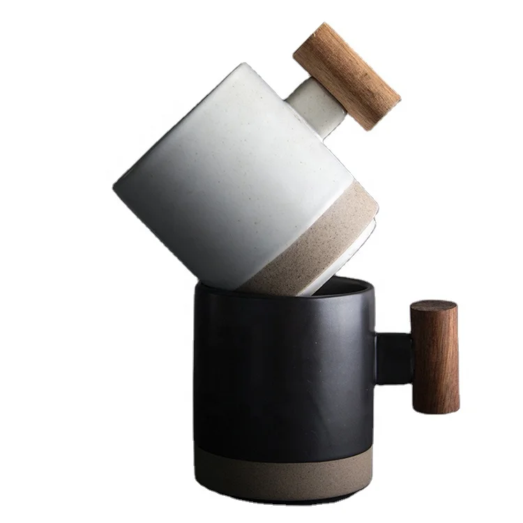 Кружка для капучино с матовой глазурью, 12 унций, с деревянной ручкой