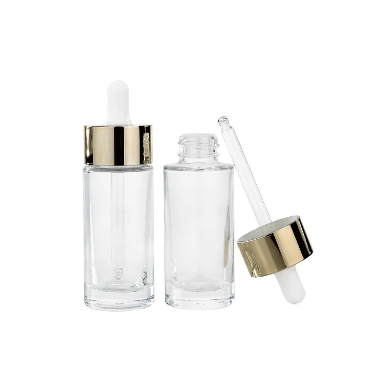 New design fancy 30ml glass dropper bottles glass bottles with cap for essential oil gold aluminum cap cosmetic serum bottle