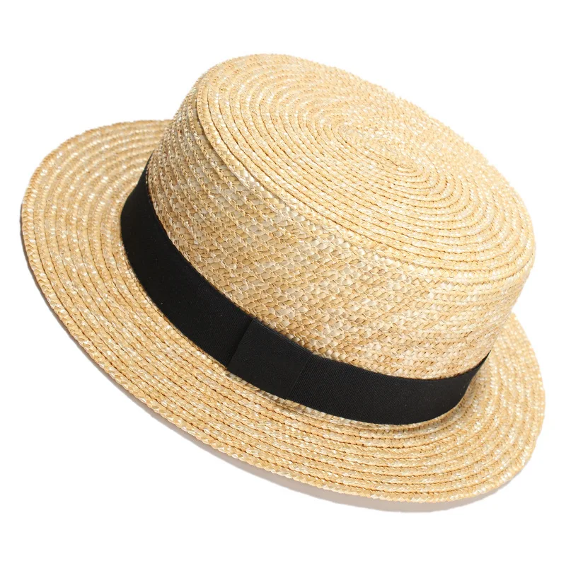 New Style Flat Top Skimmer Boater Hat Wholesale Straw Hat Summer Natural Wheat Straw Hat