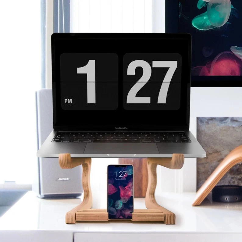 202408 Paramount Laptop Stand By Equal Peaks Sustainable Gift Eco Wood Working From Home Gift Wooden Laptop Stand & Phone holder