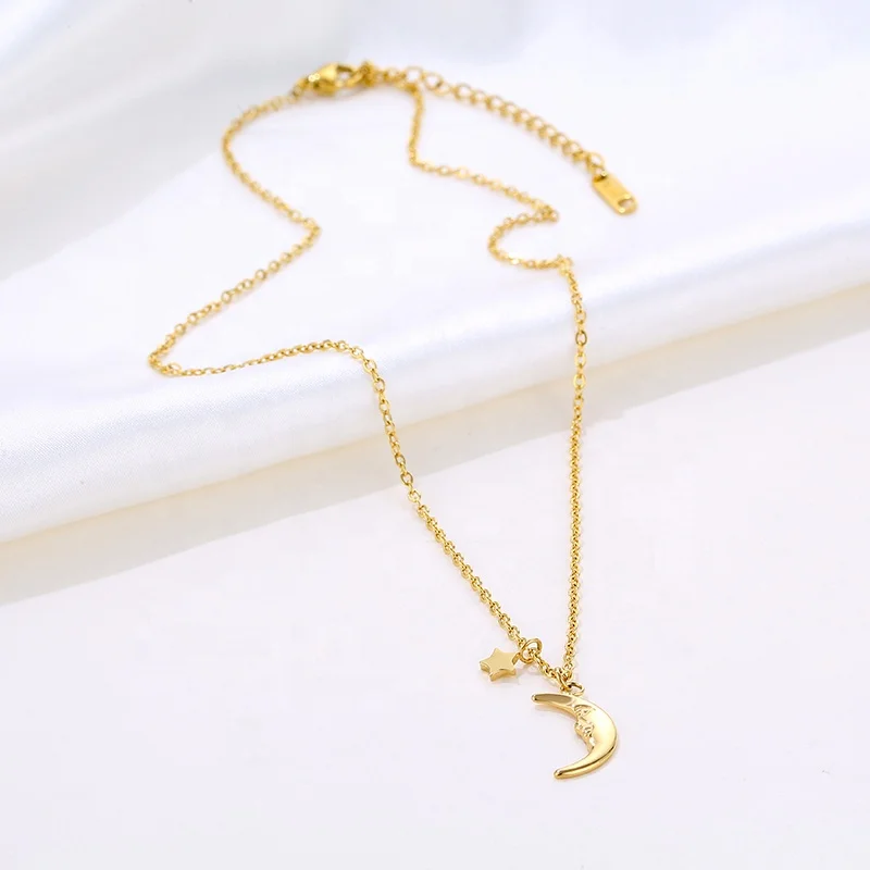18K Gold Plated Stainless Steel Jewelry Moon And Star Pendant Necklace for Women