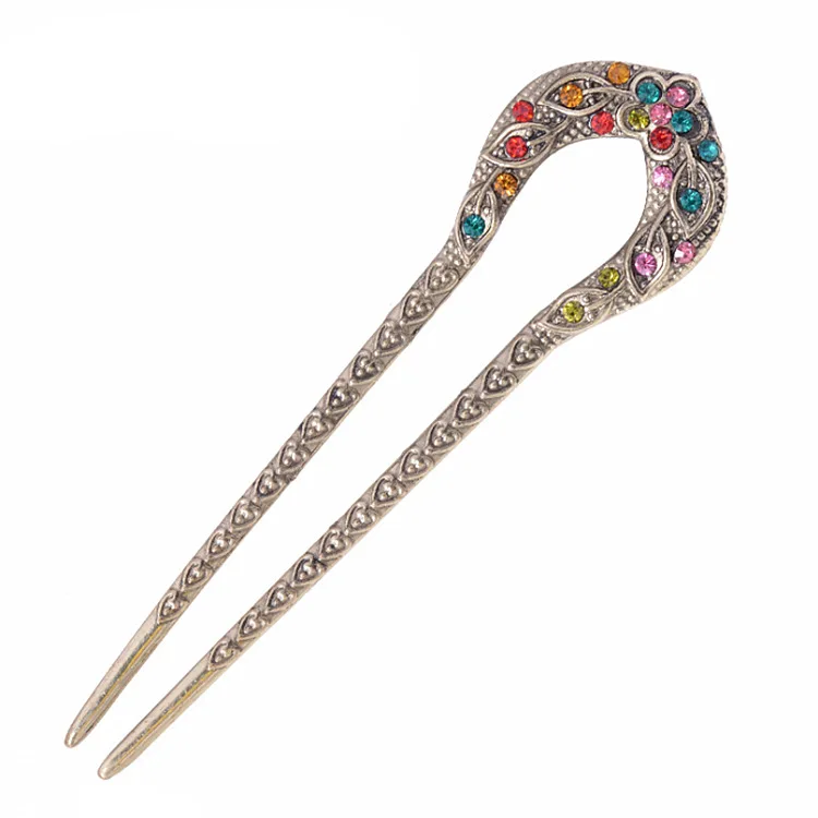 Vintage Hair Accessories Antique Bronze Plated Hairpins U shape Hair Stick Pin Women Rhinestone Flower Hair Jewelry