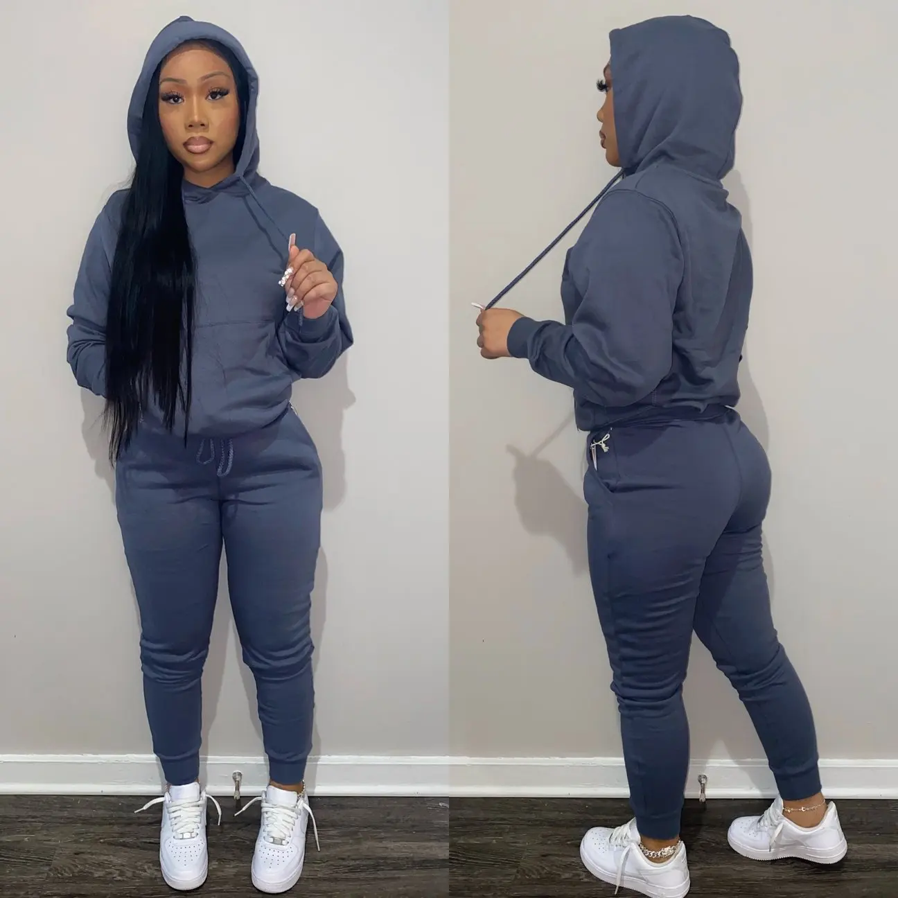 J-325 High quality fall women clothes crop top hoodie drawstring trousers jogging jogger sweatsuit sweatpants and