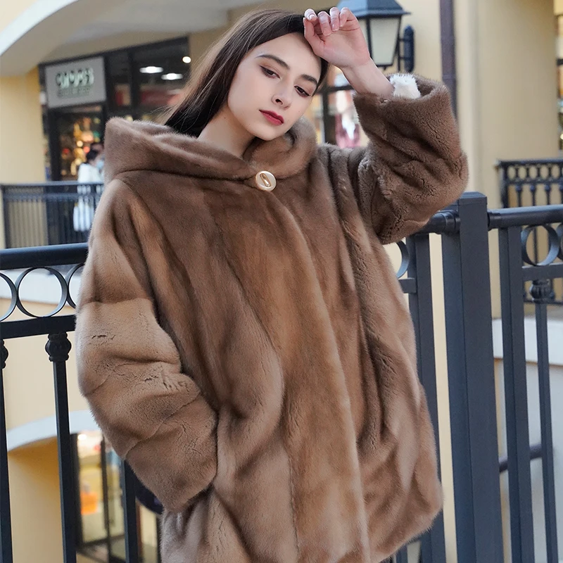 Premium Exclusive Elegant Latest Design Hooded Mink Coat Women Winter Fur Clothing