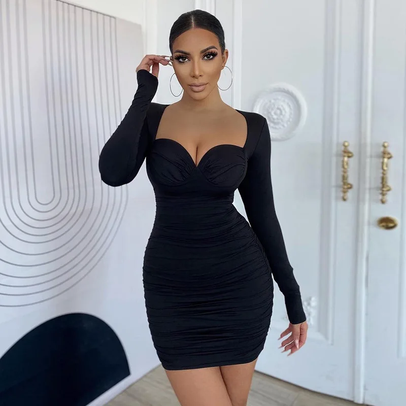 2022 summer Sexy Long Sleeve Dresses Plain Party Club Bodycon Corset Ladies Ruched Bandage Women Mini elegant casual Dress