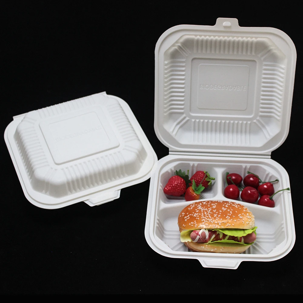 100% Natural Disposable Biobased tableware 205mm length corn starch box with lid Triad custom logo printing for restaurant