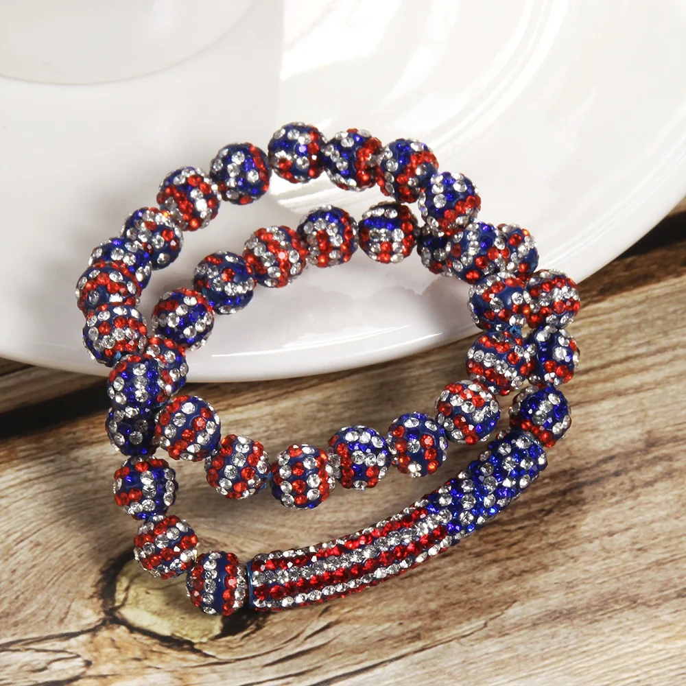 New Fashion 10mm Shiny American Flag Rhinestone Soft Clay Ball Elastic 2pcs Bracelet Set American Independence Day Jewelry