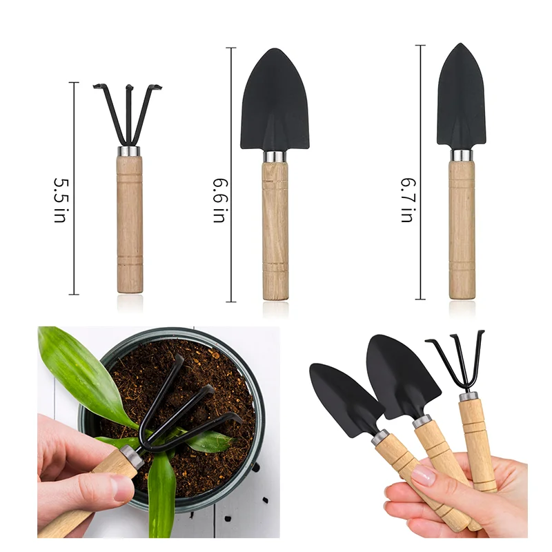 Gardening Gifts Metal Wood Mini Garden Tool Set 3 Pieces Iron Gardening Kit Including Shovel and Rake with Wood