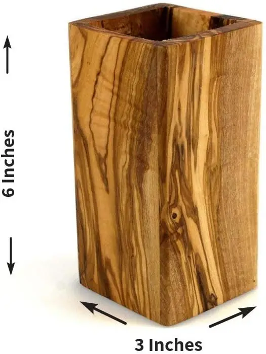 Olive Wood Utensil Holder 6 Inch Tall Square Wooden Crock for Kitchen Tools and Cooking