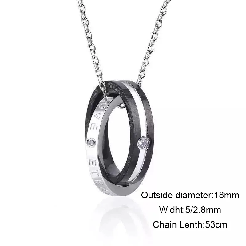 New Double Ring Lovers Pendant Necklace Carving Letters Fashion Accessories Stainless Steel Creative Jewelry For Men And Women