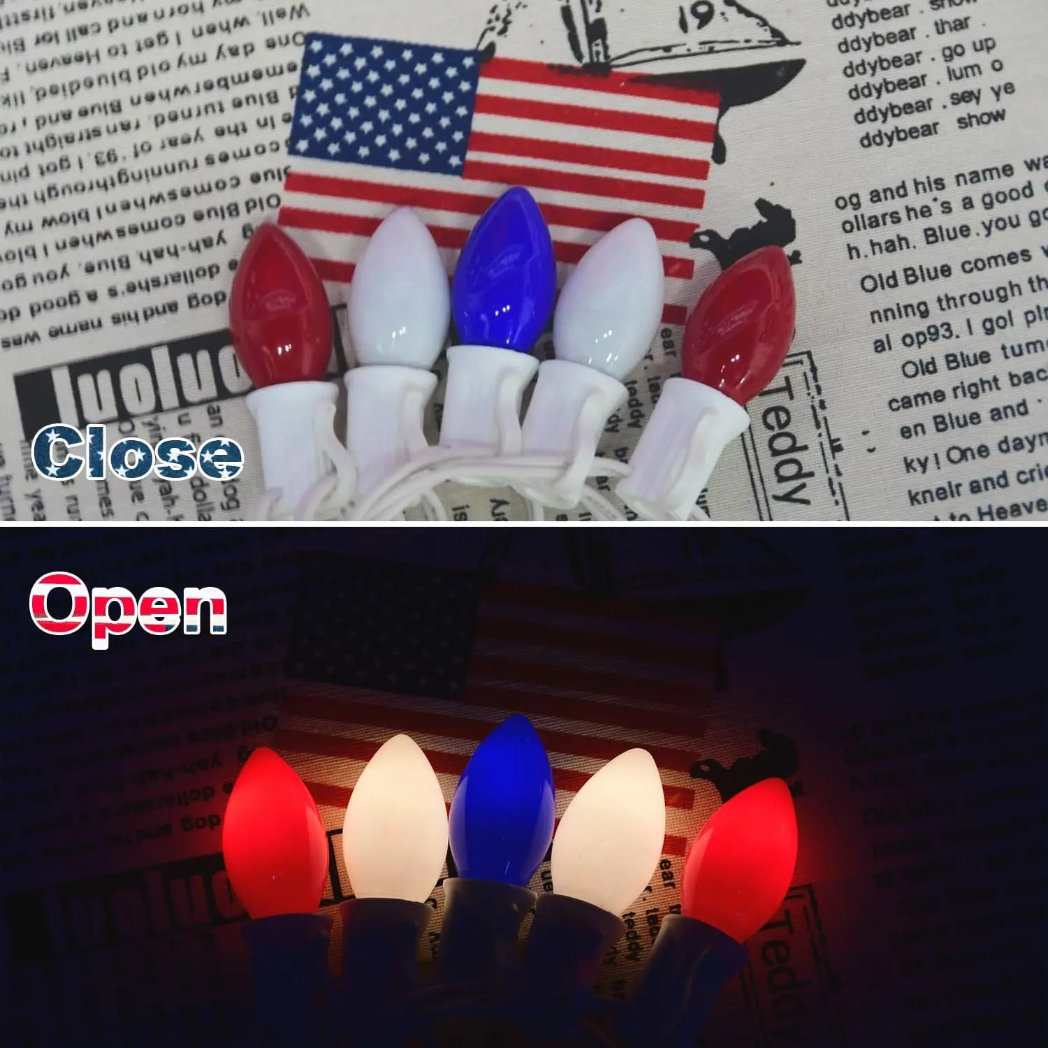 USA Patriotic Celebrations Decor UL 25 Count E12 5W Red White Blue C7 String Lights Incandescent Bulb for Home Party Yard Patio