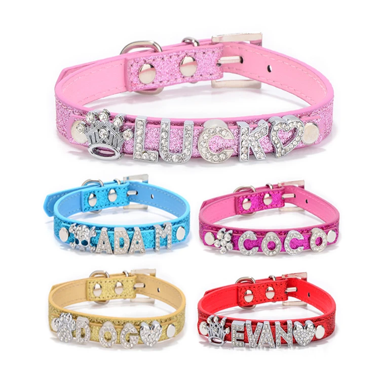 Wholesale Multicolor Personalized Pattern DIY Name Rhinestone Slide Letter PU Dog Collar