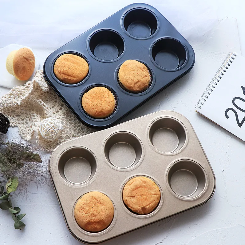 6 Cavity Custom Gold Black Thickened Non-Stick Bake Dish Cupcake Tart Round Shape Muffin Pan