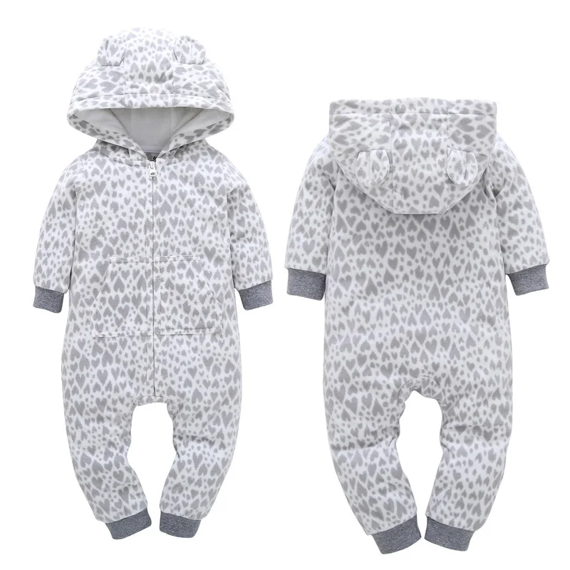 ecowalson Newborn Cotton Heart Printed Baby Clothes Hooded Warm Long-sleeved Baby Rompers Baby Jumpsuit