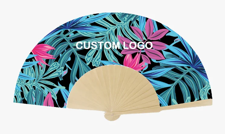 BSBH New Arrival  23cm Custom Printed Spanish Wood Bamboo Hand Fan For Colorful Beach Rave Wedding Party Folding Hand Held Fans