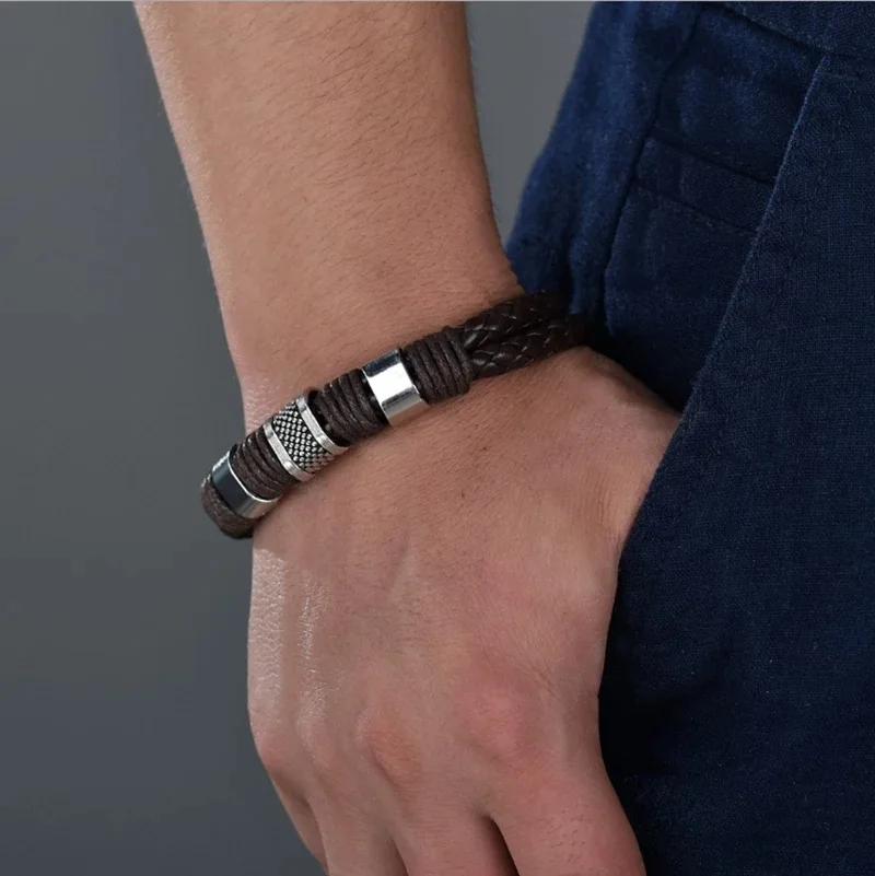 
New Punk Black Brown Braid Leather Bracelets Men Cool Stainless Steel Bracelets 