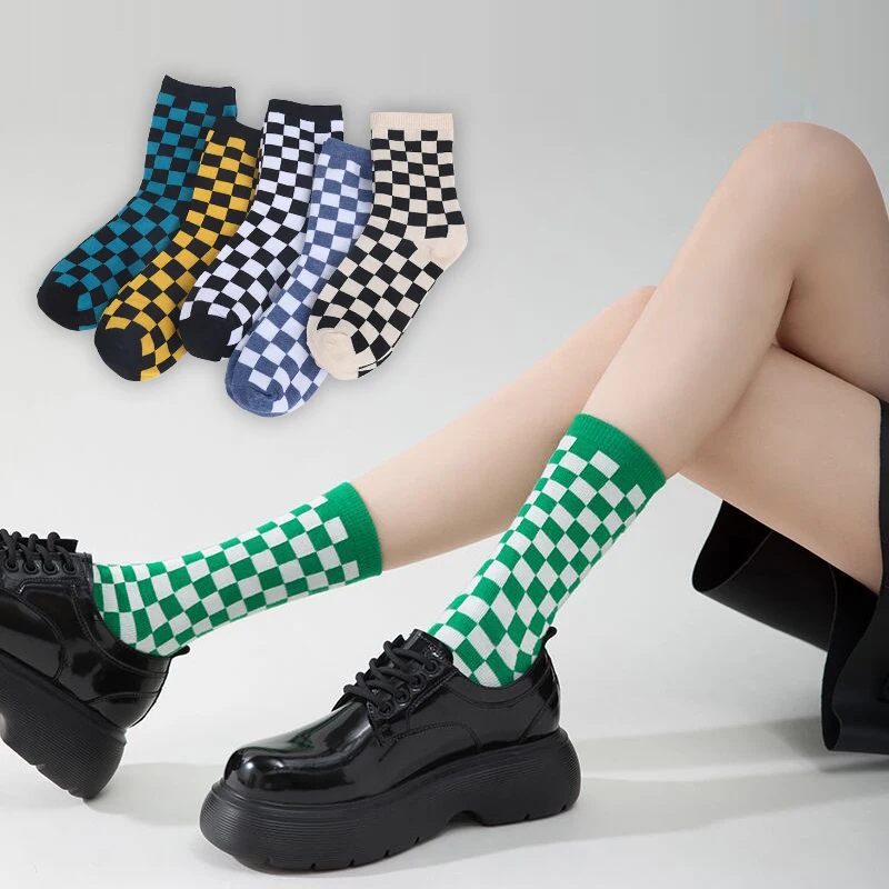 Korea Harajuku Fashion Check Socks Street Sports Print Skateboard Geometric Hip Hop Crew Cycling Checkerboard Novelty Socks