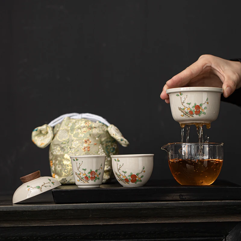 Chinese Flower Series Kung Fu Tea Set Luxury Portable Outdoor One-Pot Two-Cup Quick Serve Travel Ceramic Tea Ware Box Packing