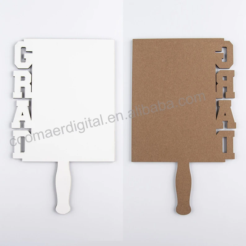 Custom Shape Grad Paddle 2023 Sublimation Blank MDF Photo Memorial Wedding Graduation Hand Fans With Handle Full Size