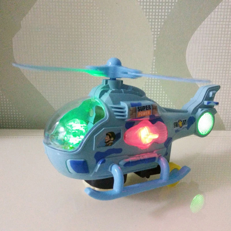 Wholesale battery operated electric rotating propeller plane universal light sound plastic flying small helicopter toy for baby