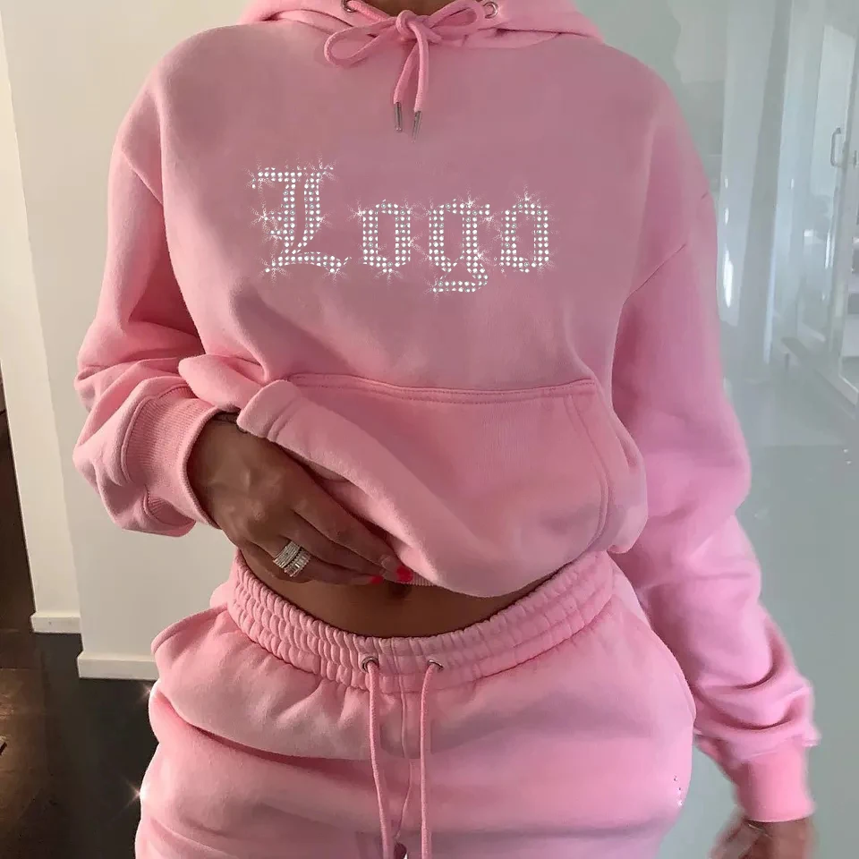 wholesale custom private label winter Hooded women cotton outfit two piece sweat pant sets rhinestone sweatsuit plain sweatsuits