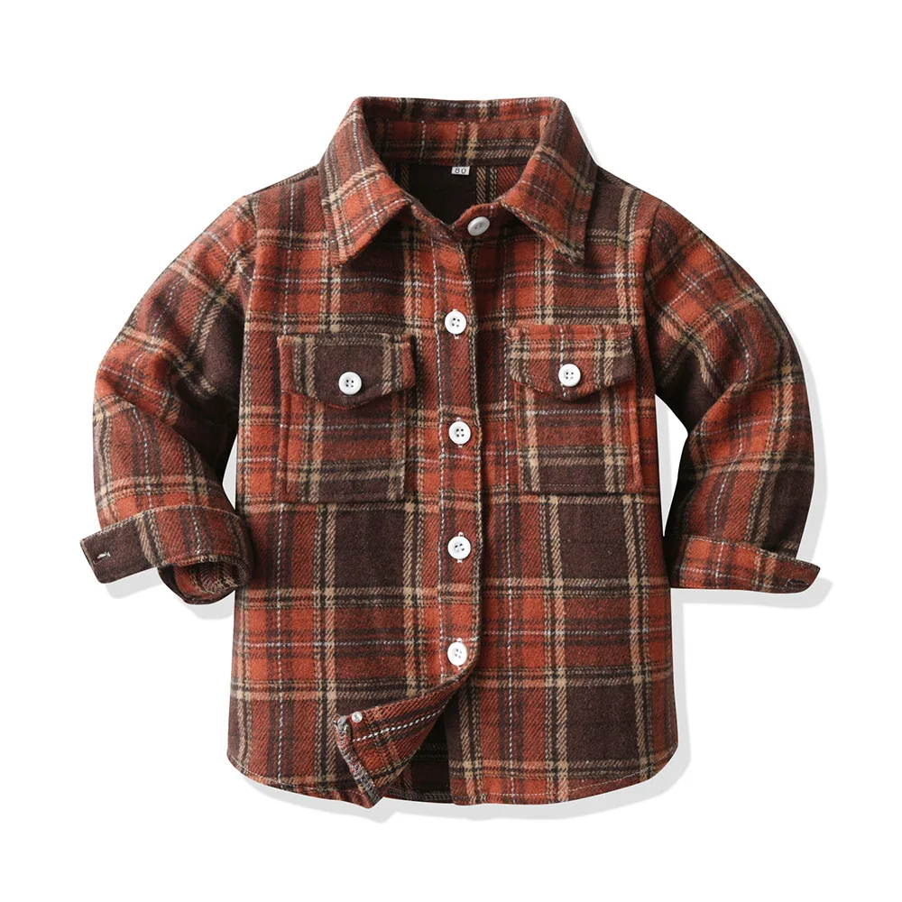 1Pcs Logo Children Plaid Brushed Long Sleeved Cardigan Autumn Lapel Single Breasted Top Casual Coat