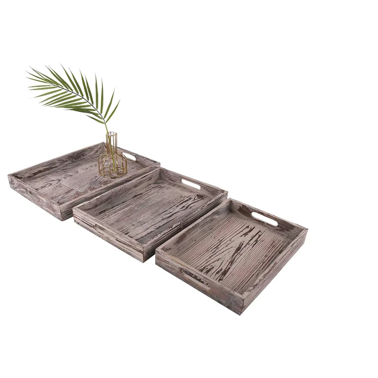 Vintage Farmhouse Decorative Kitchen Natural Wooden  Nesting Serving Tray Rectangle Breakfast Tray with Cut Out Handles