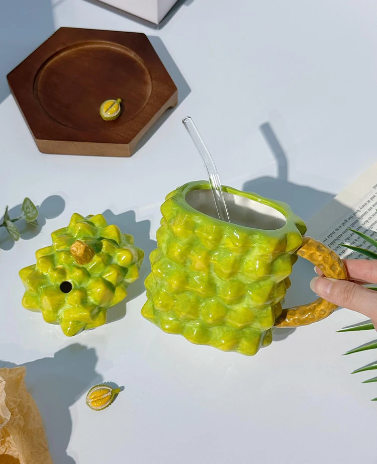 Unique 3D Fruit Durian Mug Cute Ceramic Strawberry Orange Mug Cups Coffee Milk Large Capacity Mug for Gift