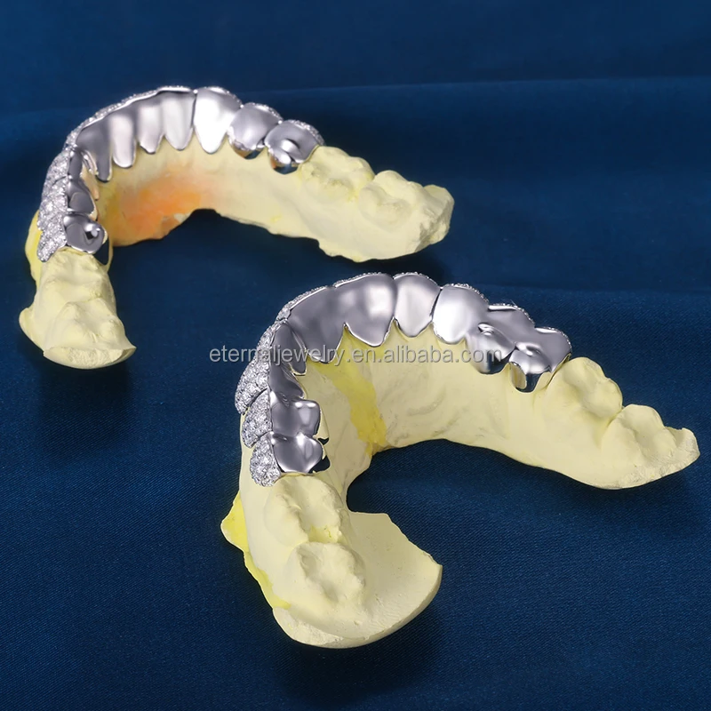 Customized Iced out Bling Top & Bottom 10 S925 Silver VVS Moissanite Diamond Grillz Solid White Gold Grillz for Teeth
