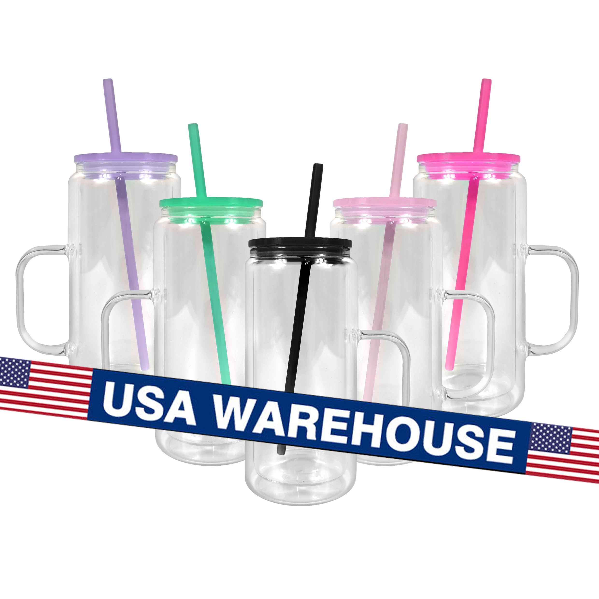 US warehouse 16oz snow globe glass mug 16oz double wall blank sublimation glass can with colorful lids and straws