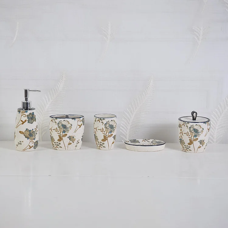 Wholesale Modern Design Customize Flower Bathroom Concise Style Accessories Set Ceramic Bathroom Set