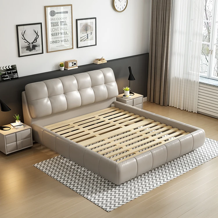 Light luxury bed modern simple European-style leather large double bed bedroom King Size American style bed