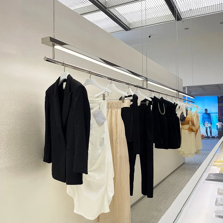 Retail Shop Furniture Wall Mounted Display Stand Apparel Clothes Store Gold Ceiling Clothing Rack for Clothing