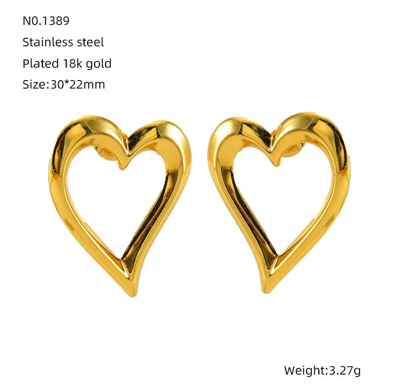 Wholesale Fashion Jewelry Girls Earrings 18k Gold Plated Big Hollow Stainless Steel Heart Stud Earrings Heart Earrings