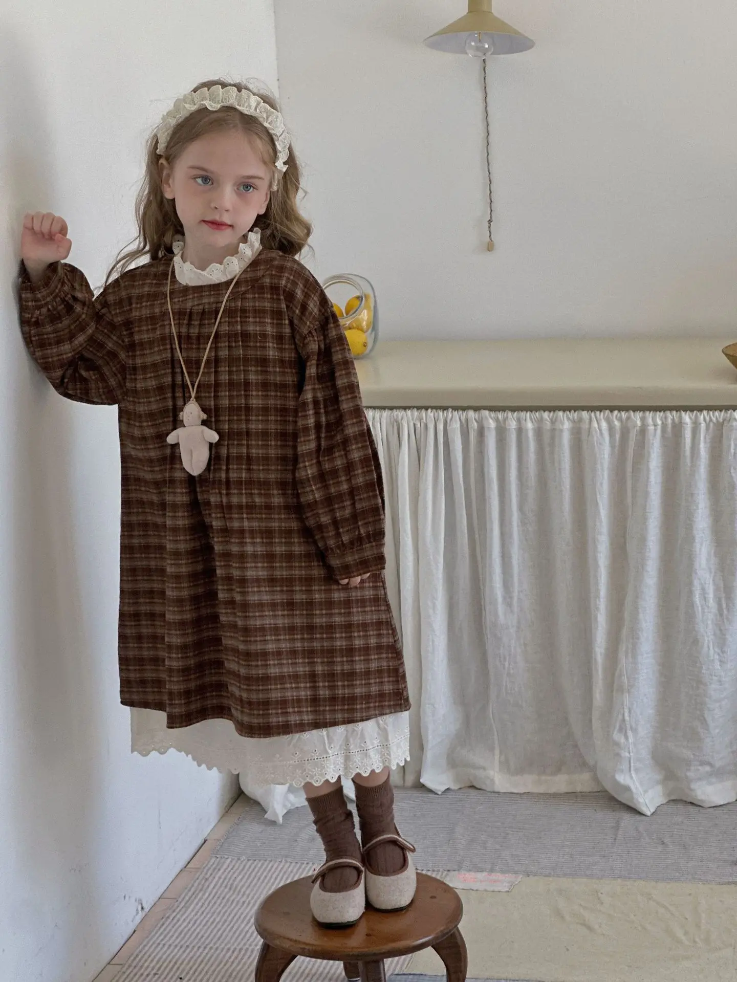 1400 new arrival princess design little baby girls brown plaid dresses infant toddler kids wool dress for winter clothing