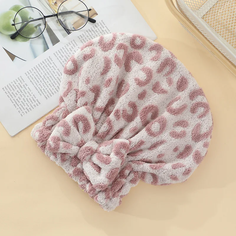 Cheap fast delivery Super absorbent coral velvet Leopard print Bow Hair Towel Cap Rapid Drying Towel For Hair Hair Drying Towel